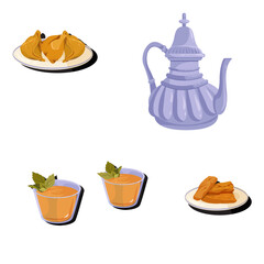 Traditional food vector art featuring hot tea, crispy snacks, and a decorative kettle on a white background