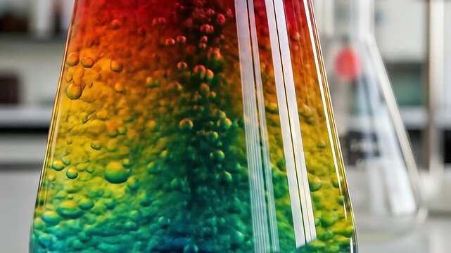 Conical flask with rainbow gradients of liquid, bubbles, in a lab. Blurred backdrop