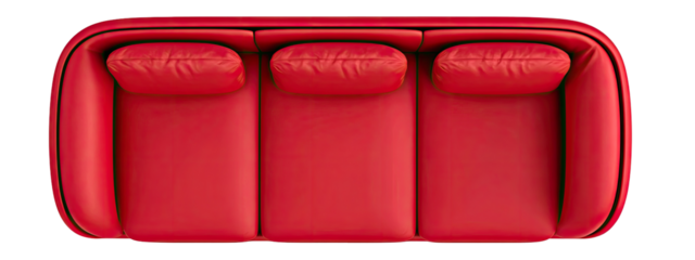 Red leather sectional sofa, top view. Three-seater, curved armrests, cinema-style