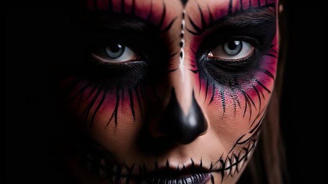 Striking close-up of face with skull makeup, focusing on intense eyes and detailed design