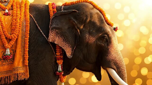 Majestic Indian Elephant Adorned with Marigold Garlands and Traditional Fabric for Celebration