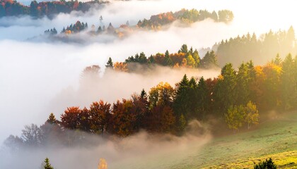Autumn mist blankets a hillside forest
