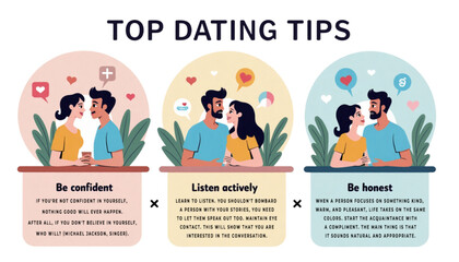 Illustration of dating tips, featuring three couples, highlighting confidence, active listening, and honesty
