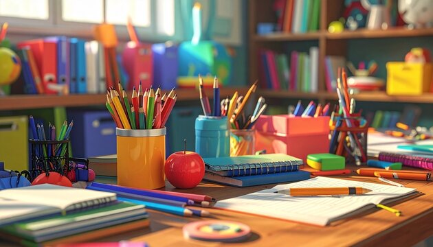 Colorful classroom study area with school supplies, red apple, books, and sunlight for editorial education photography creative workspace decor and poetic productivity-themed visuals