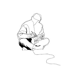 Person sitting cross legged writing in a notebook with a pen in a continuous line drawing style on white