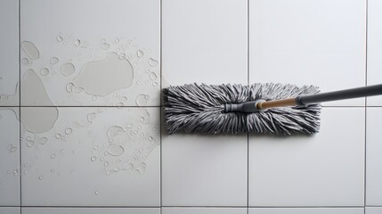 Grey mop cleaning wet tiles.