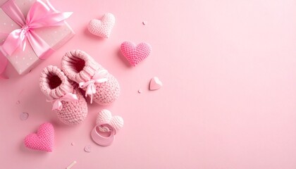 Baby girl-themed flat lay with pink gift boxes, baby shoes, bottle, pacifier, teddy bears, and festive decorations on pastel background for editorial newborn photography celebration decor and poetic t
