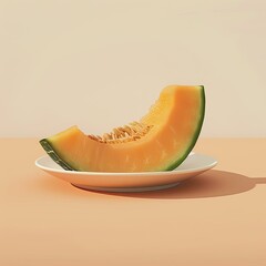 A slice of cantaloupe melon on a small white plate sitting on a peach colored surface against a light wall