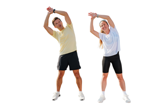 Couple performing warm-up stretches outdoors to enhance flexibility and prepare for exercise, isolated transparent background - Powered by Adobe
