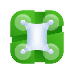 Drone icon in 3D decoration. Top view with green fields