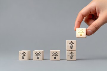 Hand placing lightbulb icon block on a stack of similar blocks