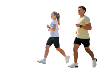 Couple jogging together in activewear, promoting fitness, isolated transparent background
