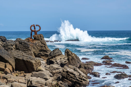 Peine del Viento sculpture on rocky coast in San Sebastian Basque Country