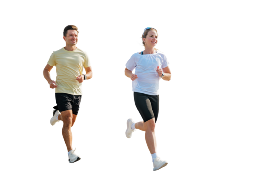 Dynamic pair jogging together in athletic wear, isolated transparent background, showcasing fitness and camaraderie - Powered by Adobe
