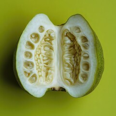 Close up of a halved fruit with visible seeds and pulp against a light green background studio shot