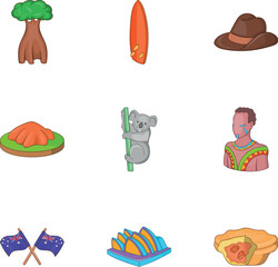 Australia tourists attractions icons set