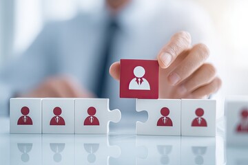 A hand places a red puzzle piece with a person icon into a line of white puzzle pieces with person icons