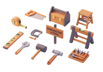 3d icon of collection of cartoon construction and tools, isolated on transparent background