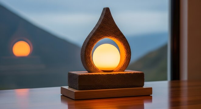 Decorative lamp illuminates a room with a warm glow and a beautiful landscape view outside the window