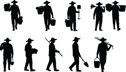 Silhouettes of Farmers Carrying Harvest and Tools, Agriculture Workers in Field with Buckets, Shovels, Crops, and Farming Equipment © Shahariar's World