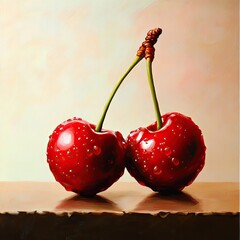 A still life painting of two bright red cherries with water droplets on a wooden surface and light background