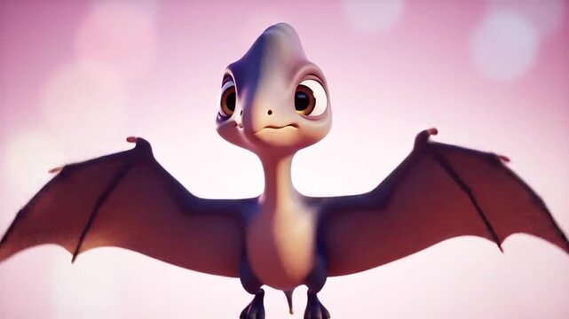 Animated pterodactyl soaring against pink background with copy space