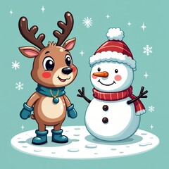 Cartoon reindeer and snowman festive friends christmas winter