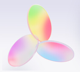 Rainbow glass circle discs 3d composition with holographic translucent gradient. Pearlescent plastic oval plates, crystal color lens, round disks or cylinders, isolated design element. 3D illustration