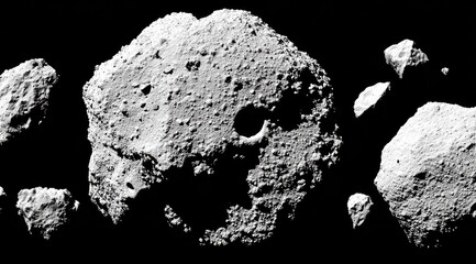 Close-up view of asteroid fragments, showing rough, pitted surfaces