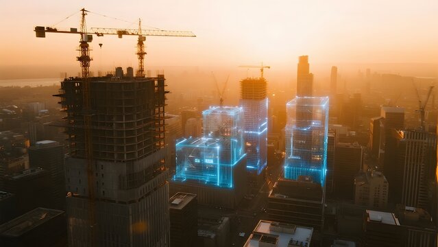 Urban skyline at sunset with holographic building models and construction cranes
