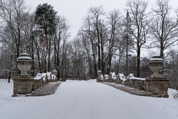 Ruinny Bridge in Alexandria Park on a winter day, Peterhof, Saint Petersburg, Russia