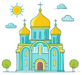 Stylized Eastern Orthodox church building with golden domes and crosses simple illustration