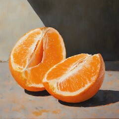A still life oil painting depicting two halves of a bright orange fruit against a neutral background art piece