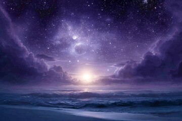 Fototapeta premium A breathtaking celestial panorama of a purple night sky above a tranquil beach, featuring a sunrise and dramatic clouds.