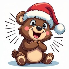 Cheerful brown bear wearing Santa hat white
