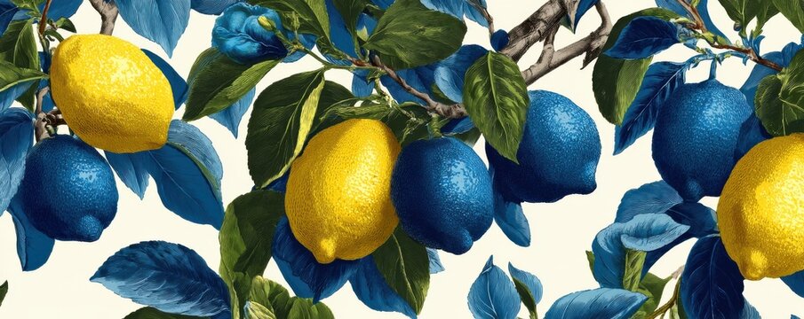 Pattern of yellow lemons with abstract blue foliage on a beige background - Powered by Adobe