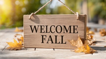 A rustic wooden sign with "WELCOME FALL" in black letters, surrounded by vibrant autumn leaves on a wooden surface, bathed in warm sunlight.