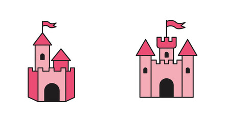 a pink castle with red flag towers and white walls