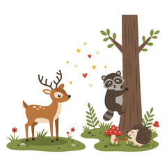 Vibrant flat 2D vector illustration of cute animals exploring a magical forest, with a brave deer leading, a playful racoon climbing, and a tiny hedgehog discovering a mushroom.