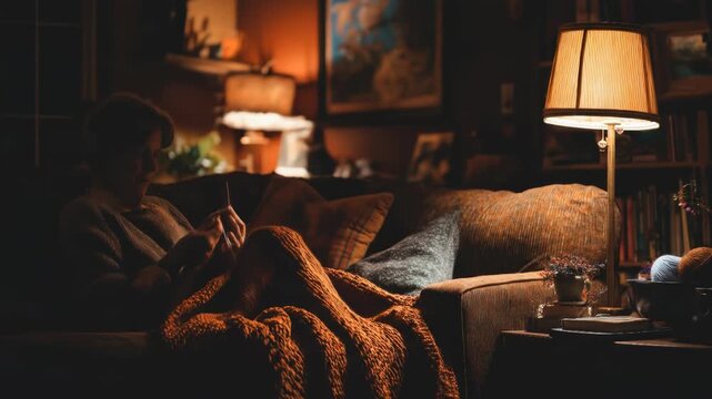 Knitter on sofa under warm lamp light in cozy home atmosphere