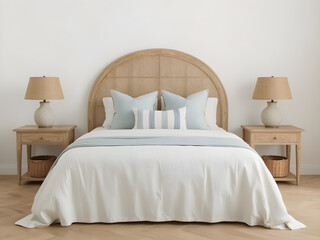 Coastal Farmhouse Bedroom with Rattan Headboard and Neutral Decor