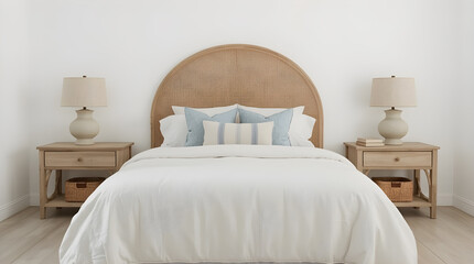 Coastal Farmhouse Bedroom with Rattan Headboard and Neutral Decor
