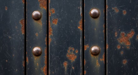 Fototapeta premium Old metal door with rivets and rust showing a lot of wear and tear on the surface