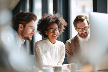 diverse business men and women wearing suit or formal outfit, working together on computer at modern office in urban building. 