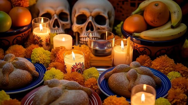 Dia de los Muertos offering skulls, bread, fruit, candles, and vibrant orange flowers