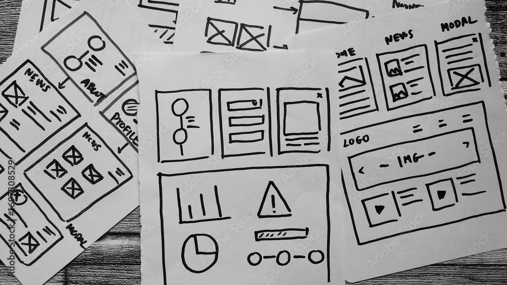 Wall mural uiux design sketches and wireframes.