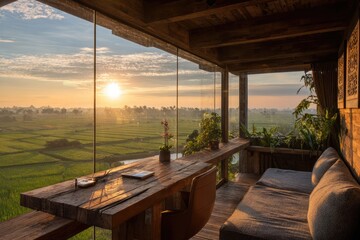 Sunrise View From Wooden Terrace Over Green Fields