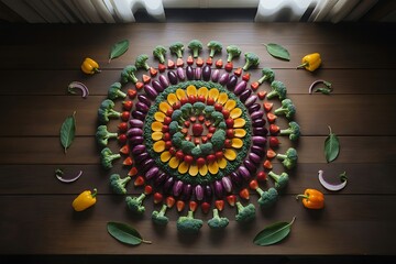 Vibrant mandala of fresh fruits and vegetables artfully arranged for healthy eating inspiration and culinary creativity