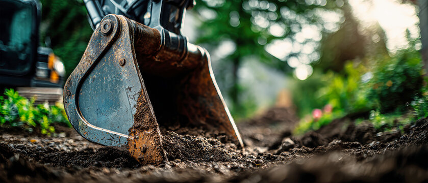 Excavator digging in residential backyard during afternoon sunlight for landscaping project