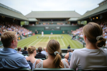 Crowds of people sitting in a stadium, watching players competing in a live tennis match, a final in a Grand Slam tournament. A young family enjoying a sporting event. Spectators at a sport game.